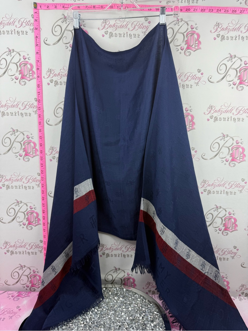 Tommy Hilfiger scarf wrap long Navy Scarf with Red & Silver Stripe Trim